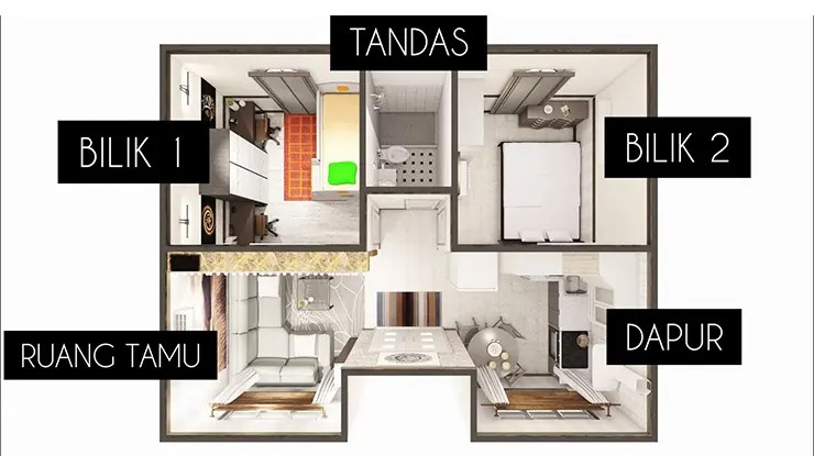 Saiz Rumah Modern 2 Bilik